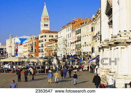 Stock Photo - Tourists At Riva Degli Schiavoni And Campanile; Venice, Italy. Fotosearch