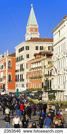 Stock Photograph - Tourists At Riva Degli Schiavoni And Campanile; Venice, Italy. Fotosearch