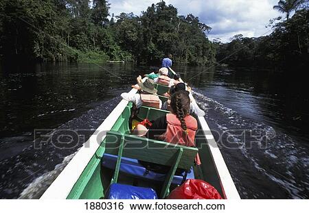 Stock Photograph - Tourists In Speedboat Traveling On River Through Jungle. Fotosearch