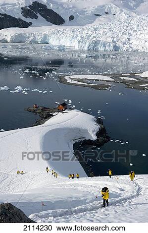 Stock Image - Tourists In Yellow Jackets Explore The Coastline; Antarctica. Fotosearch
