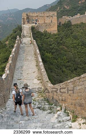 Tourists On The Steps On The Great Wall Of China; Beijing, China View Large Photo Image Stock Photo - Tourists On The Steps On The Great Wall Of China; Beijing, China. Fotosearch