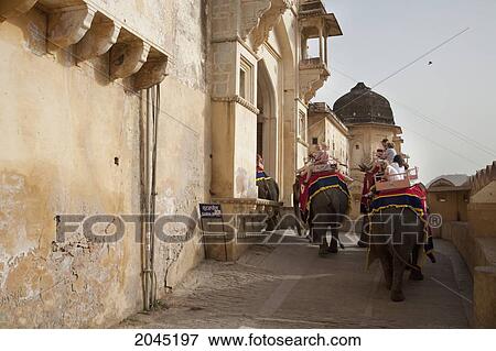 Stock Photo - Tourists Take An Elephant Ride To Get To Amber Fort, Rajasthan, India. Fotosearch