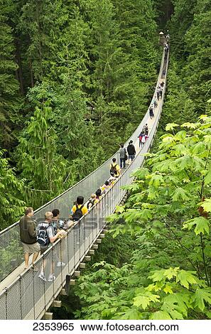 Stock Photography - Tourists Walk Across Bridge At Capilano Suspension Bridge Park; North Vancouver, British Columbia, Canada. Fotosearch