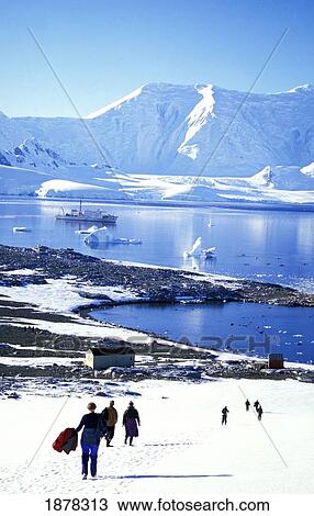 Stock Image - Tourists Walking Down Snowy Decline Towards Ocean. Fotosearch