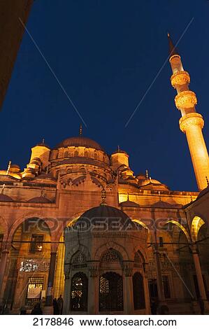 Tower At The Mosque Of The Valide Sultan Illuminated At Night; Istanbul Turkey View Large Photo Image Stock Photograph - Tower At The Mosque Of The Valide Sultan Illuminated At Night; Istanbul Turkey. Fotosearch