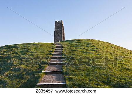 Stock Photo - Tower On Top Of Hill; Glastonbury, Somerset, England. Fotosearch