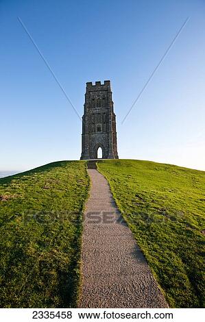 Stock Photo - Tower On Top Of Hill; Glastonbury, Somerset, England. Fotosearch