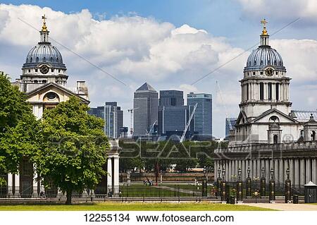 Picture - Towers of the Old Royal Naval College with modern Canary Wharf in the background; London, England. Fotosearch