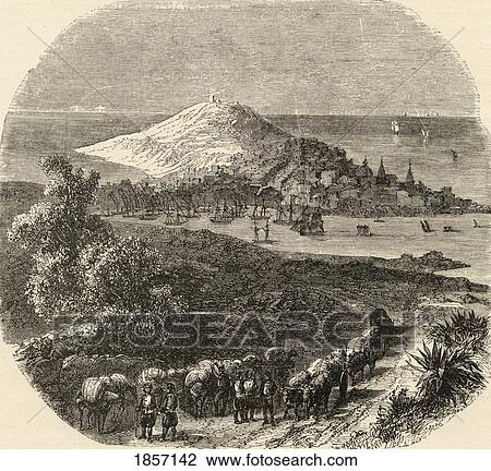 Stock Image - Town And Bay Of Coruna Spain From The Book Spanish Pictures By The Rev Samuel Manning Published 1870. Fotosearch