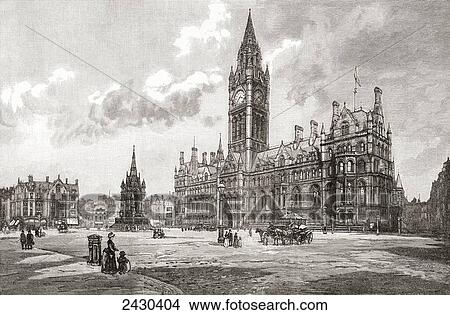 Picture - Town Hall, Albert Square, Manchester, England in the 19th century. From Cities of the World, published c. 1893.. Fotosearch