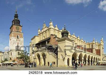 Stock Photo - Town hall tower and Cloth Hall, Old Town Centre; Krakow, Poland. Fotosearch