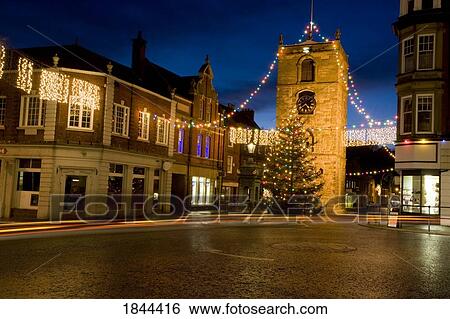 Town Square With Christmas Decorations By Night; Morpeth, Northumberland, England View Large Photo Image Stock Photograph - Town Square With Christmas Decorations By Night; Morpeth, Northumberland, England. Fotosearch