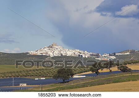 Stock Image - Town With Solar Panels, Espejo, Cordoba, Spain. Fotosearch