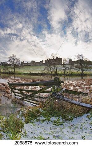 Stock Photography - Traces Of Snow Along The River With Alnwick Castle In The Distance; Alnwick Northumberland England. Fotosearch
