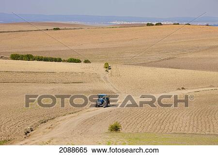 Stock Photography - Tractor Moving Through Fallow Fields In Winter Near Sanlucar La Mayor; Seville Province Spain. Fotosearch
