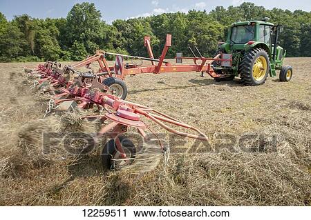 Stock Image - Tractor tedding hay; Sudlersville, Maryland, United States of America. Fotosearch