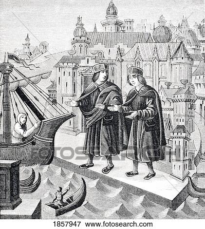 Stock Photo - Trade On The Seaports Of The Levant. After Miniature In 15Th Century Manuscript Of Travels Of Marco Polo. Fotosearch