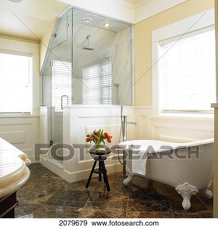 Traditional Bathroom With Corner Shower Stall And Claw Foot Tub. Victoria Bc View Large Photo Image Stock Photo - Traditional Bathroom With Corner Shower Stall And Claw Foot Tub. Victoria Bc. Fotosearch