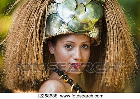 Stock Photo - Traditional headress worn by young Samoan woman; Upulu Island, Samoa. Fotosearch