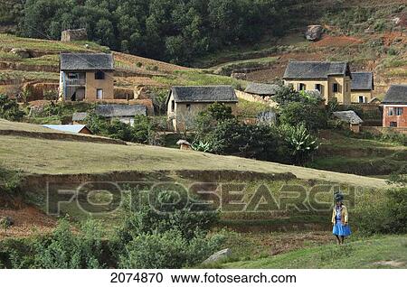 Stock Image - Traditional Houses On The Anjiro Plain, Antananarivo Province, Madagascar. Fotosearch