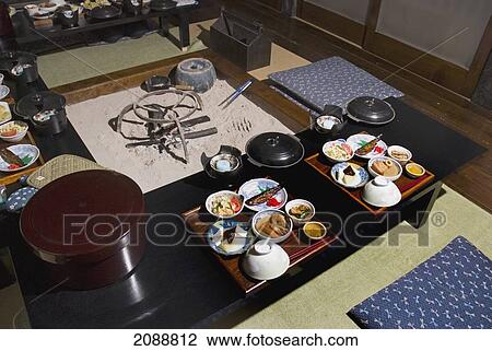 Stock Image - Traditional Japanese Meal Served Around The Fire In The Floor; Shirakawa, Gifu, Japan. Fotosearch