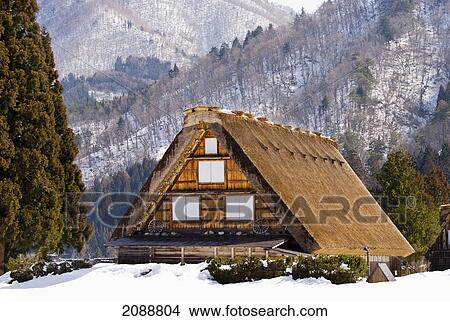 Traditional Japanese Thatched Roof Village House In Winter; Shirakawa, Gifu, Japan View Large Photo Image Picture - Traditional Japanese Thatched Roof Village House In Winter; Shirakawa, Gifu, Japan. Fotosearch
