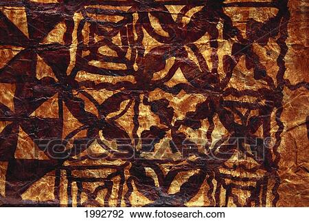 Stock Image - Traditional Polynesian Tapa, Hand Printed Paper Bark Cloth With Floral Pattern. Fotosearch
