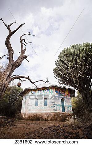 Stock Image - Traditional style Northern Ethiopian church with ornate painted walls; Ethiopia. Fotosearch