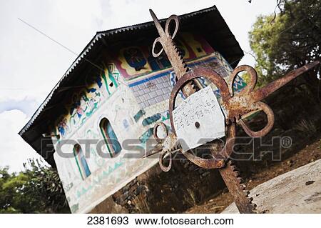 Stock Image - Traditional style Northern Ethiopian church with ornate painted walls; Ethiopia. Fotosearch