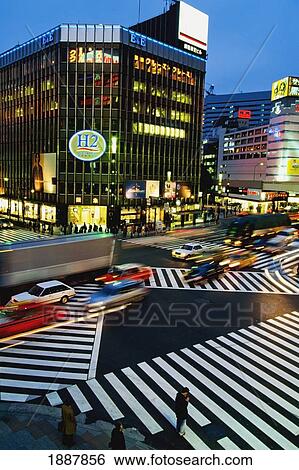 Stock Photograph - Traffic At Busy Sukiyabashi Crossing Street Intersection, Elevated View. Fotosearch
