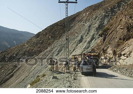 Picture - Traffic Jam On The Karakoram Highway Due To A Landslide Near Dasu, North-West Frontier Province, Pakistan. Fotosearch