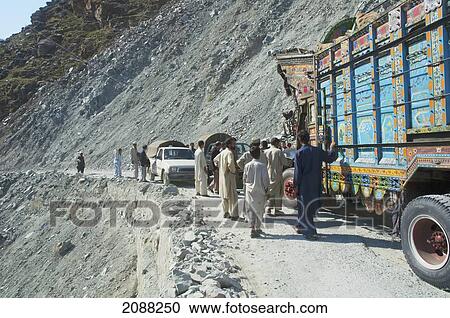 Stock Image - Traffic Jam On The Karakoram Highway Due To A Landslide Near Dasu, North-West Frontier Province, Pakistan. Fotosearch
