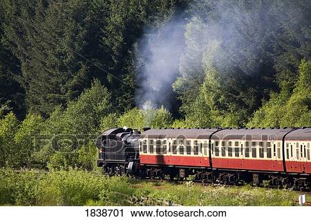 Stock Image - Train In Motion; Goathland, North Yorkshire, England, Uk. Fotosearch