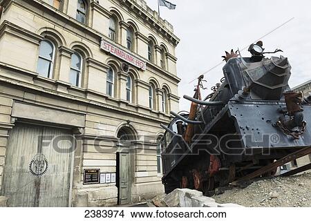 Picture - Train sculpture in front of the Steampunk HQ; Oamaru, South Island, New Zealand. Fotosearch