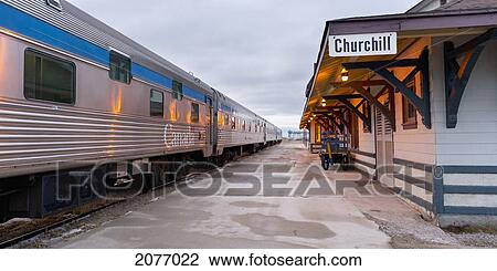 Stock Image - Train Stopped In A Station; Churchill Manitoba Canada. Fotosearch