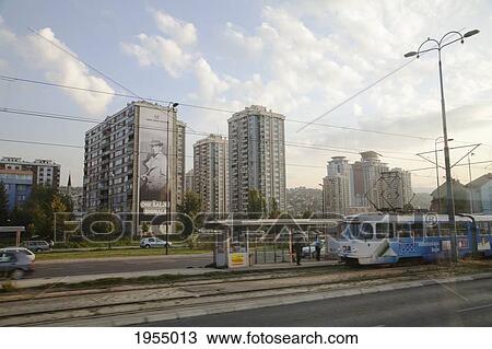 Stock Image - Tramway and modern apartment buildings in Sarajevo, Bosnia and Herzegovina. Fotosearch