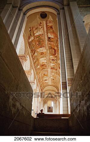 Stock Image - Transept And Romanesque Murals On The Ceiling Of The Central Nave Of The Abbey Church Of Saint-Savin Sur Gartempe, Saint-Savin Sur Gartempe, Vienne, France. Fotosearch