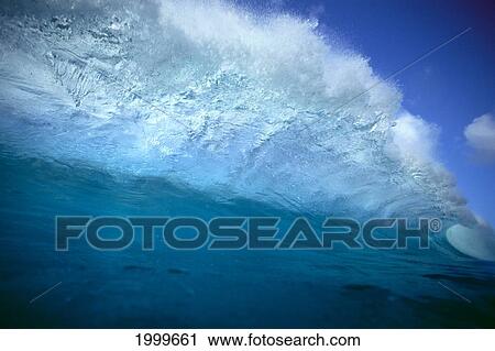 Stock Image - Translucent Wave Cresting, White Spary, Blue Sky C1707. Fotosearch
