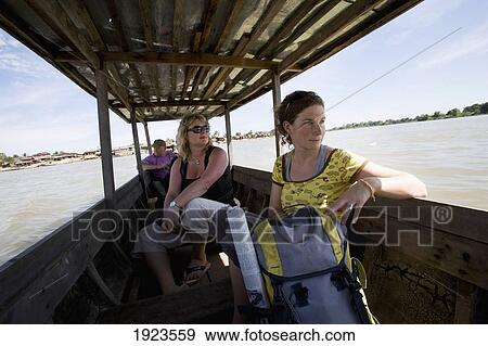 Travelers Getting Small Local Ferry Across To Si Phan Don (4000 Islands) On The Mekong, Mekong River In Southern Laos View Large Photo Image Stock Photo - Travelers Getting Small Local Ferry Across To Si Phan Don (4000 Islands) On The Mekong, Mekong River In Southern Laos. Fotosearch