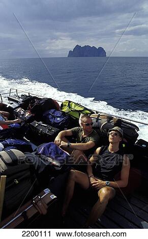 Stock Image - Travellers On Ferry Leaving Ko Phi Phi Don Islanad. 'the Beach' Ko Phi Ley In Background. Heading To Southern Thailand. Fotosearch