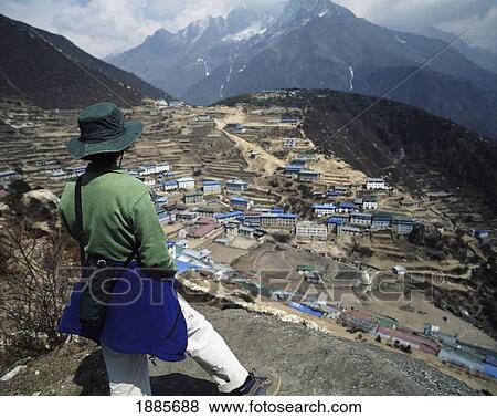 Trekker Above Namche Bazaar (3440M. ), Sagarmatha National Park View Large Photo Image Stock Photo - Trekker Above Namche Bazaar (3440M. ), Sagarmatha National Park. Fotosearch