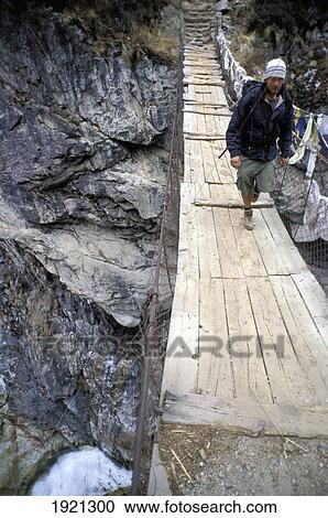 Stock Image - Trekker On Suspension Bridge Over Imja Kola Namche Bazaar (3440M) To Tengboch (3860M). Fotosearch