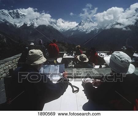 Trekkers On Veranddah Of Everest View Hotel View Large Photo Image Stock Photo - Trekkers On Veranddah Of Everest View Hotel. Fotosearch
