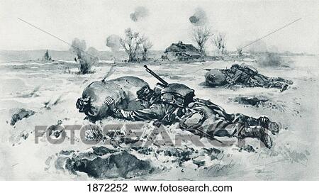Stock Image - Trench Defences Used As Cover For Advancing Troops. French Soldiers Rolling Sandbags Before Them When Moving Against The Enemy During The First World War. From The Illustrated War News Published 1915. Fotosearch