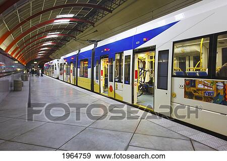 Stock Photo - Trimet Max Light Rail Train Underground Waiting At A Station; Portland Oregon United States Of America. Fotosearch
