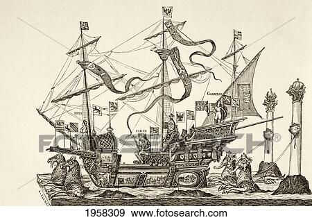 Stock Photo - Triumphal Vessel Drawn On A Cart In Brussels In 1558 During A Funeral Ceremony For The Holy Roman Emperor Charles V. From Military And Religious Life In The Middle Ages By Paul Lacroix Published London Circa 1880.. Fotosearch