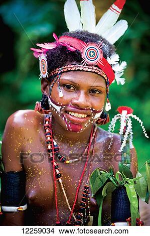 Picture - Trobriand Island woman in traditional costume; Trobriand Islands, Papua New Guinea. Fotosearch