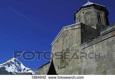 Stock Image - Tsminda Sameba Church And Mt Kazbek. Fotosearch