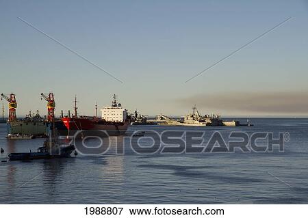 Stock Photo - Tugboat And Ships In The Harbor, Valparaiso, Valparaiso Region, Chile. Fotosearch