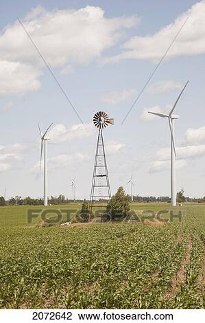 Stock Image - Turbines And Windmill On Wind Farm, Near Shelburne, Ontario. Fotosearch